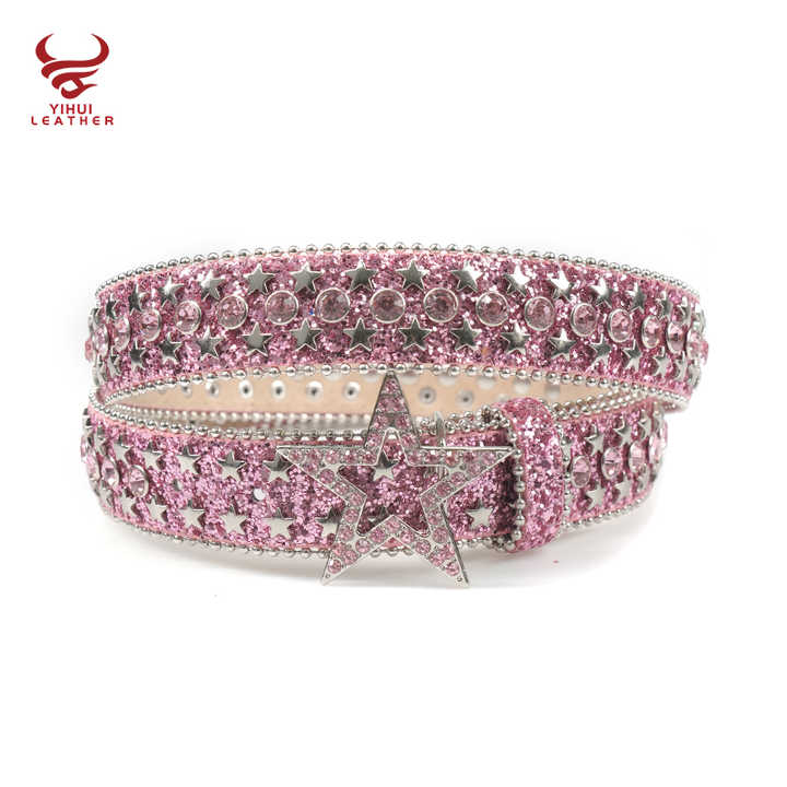 Custom Colorful Girls Leather Bb Belts pink Bling Bling Western PU Leather Star Belt Buckles studded Rhinestones Belt for Kids - 图片 4