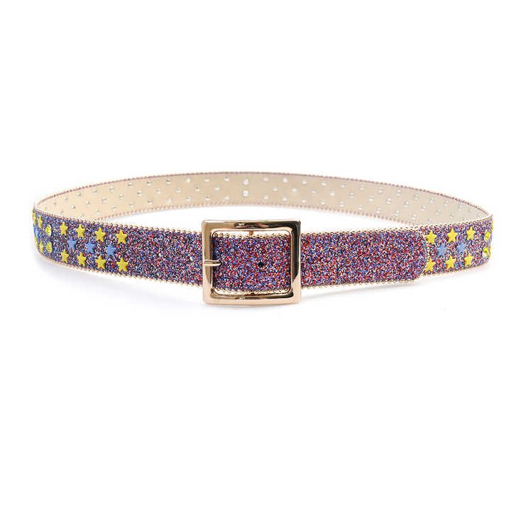 New Shiny Western Cowgirls studded Glitter Sequin Strap Belt PU Leather Waist Belts studded Purple Star Rhinestone Belts for Men - 图片 2