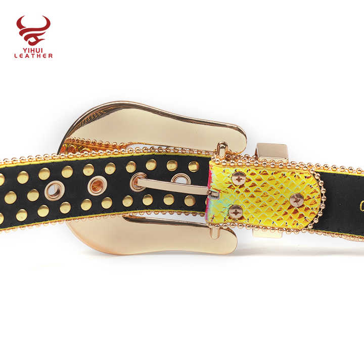 Bling Western Diamond Belt Young Men Big Buckle Colourful Gold Alligator Skin With Stones Belt Boys BB Simon - 图片 4