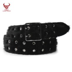 Wholesale Fancy Punk Faux Fur Leather Belt Men Double Pin Buckle studded Holes Black Horse Hair PU Leather Belt for Women