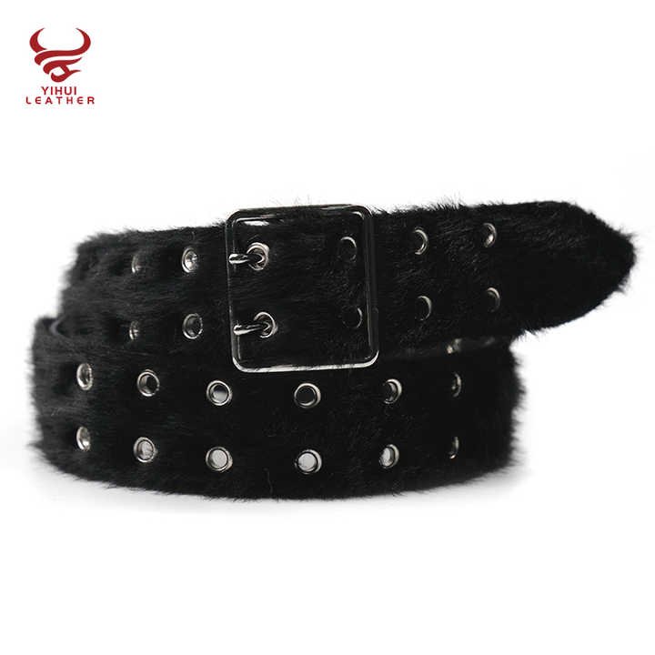 Wholesale Fancy Punk Faux Fur Leather Belt Men Double Pin Buckle studded Holes Black Horse Hair PU Leather Belt for Women