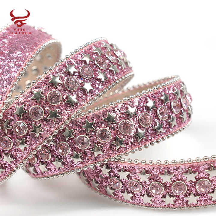 Custom Colorful Girls Leather Bb Belts pink Bling Bling Western PU Leather Star Belt Buckles studded Rhinestones Belt for Kids - 图片 2