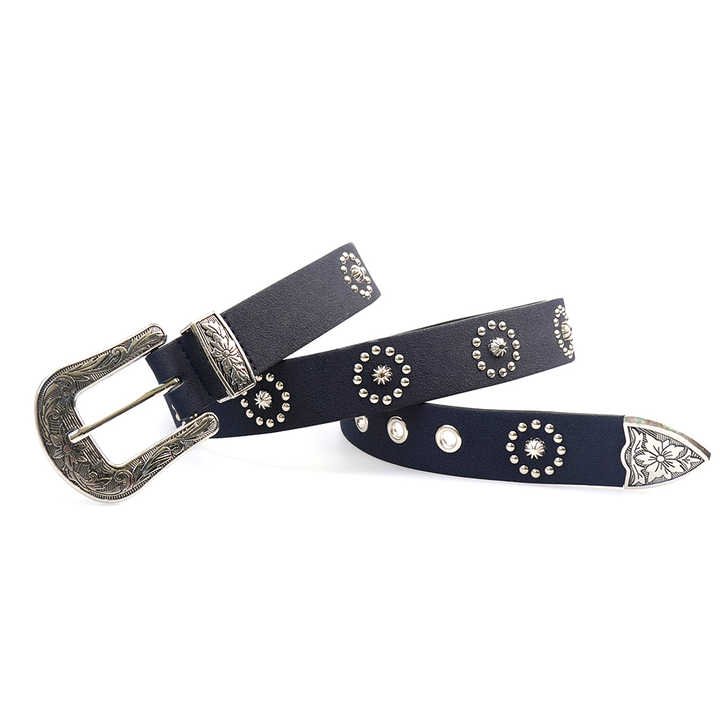 Fashion Graved Buckle PU Leather Studded Belt Women Vintage Western Cowboy Metal Heart Rivets Waist Belt for Ladies Girls - 图片 3