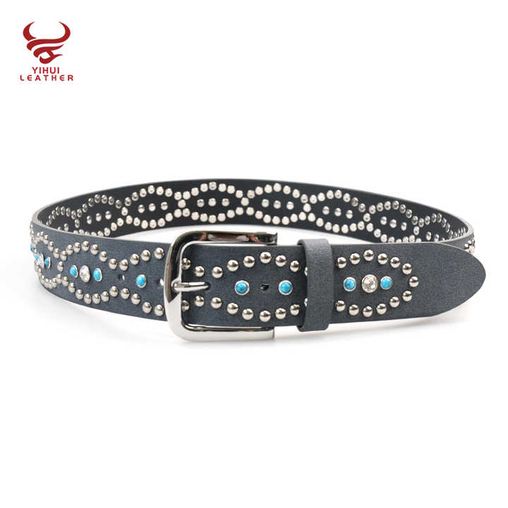 Designer Pin Buckle Bling Bling Mushroom Rivets Pants Belt for Women New Fashion 39mm Width Studded Turquoise Rhinestone Belt - 图片 2