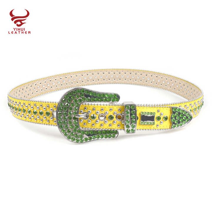 Factory New Original Style Western Cowboy Yellow Crocodile PU Green Shinning Rhinestone BB Simon Belt - 图片 5
