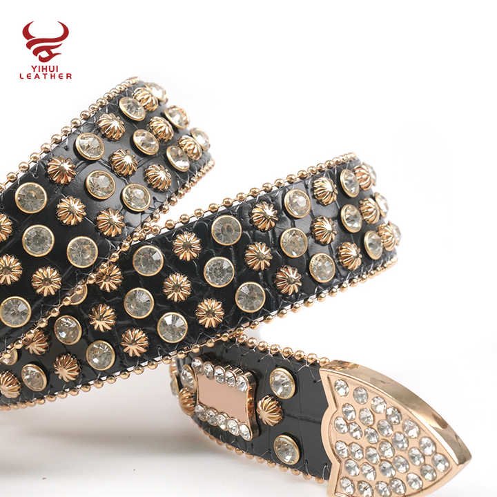 Fashion Luxury Famous Brands Cinturones Woman Diamond Belt Black PU Leather Gold Stud Shiny Rhinestone Belt - 图片 3