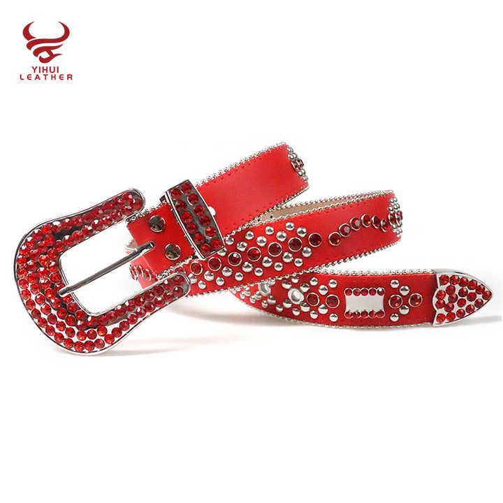 Manufacture Wholesale New Designer PU Leather Belts Shiny Big Buckle BB Simon Studded Red Diamond Crystal Rhinestone Belt - 图片 6