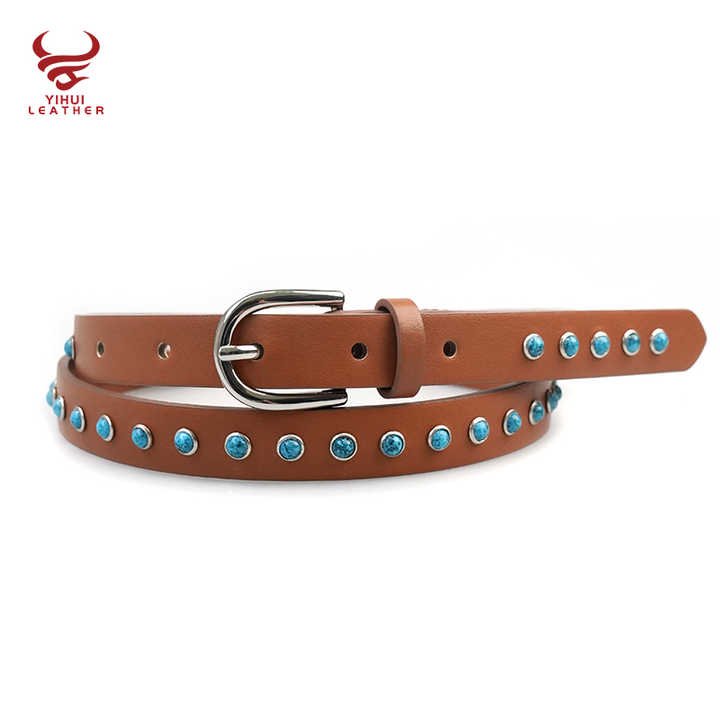 New Arrival Western Antique Studded Rivet Turquoise Women Belt Bling Bling Bronze Buckle Thin Faux Leather Waist Belt for Girls