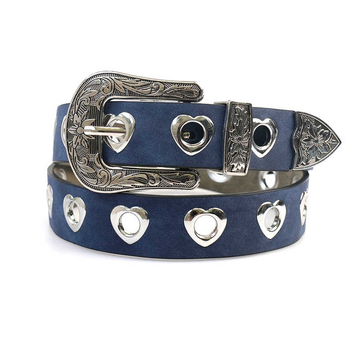 Fashion Graved Buckle PU Leather Studded Belt Women Vintage Western Cowboy Metal Heart Rivets Waist Belt for Ladies Girls - 图片 6