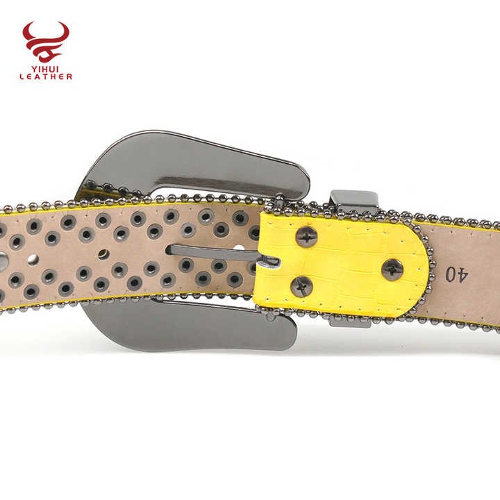 Custom Yellow Color 1.5" Luxury Cowboy Removable Diamond Belts Rockstar Cowboy Yellow Rhinestone Belts - 图片 5
