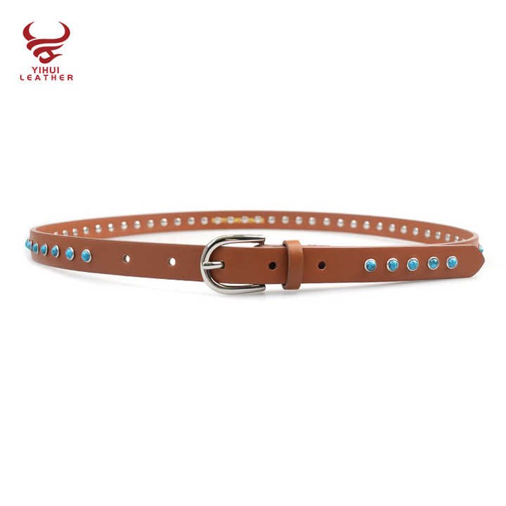 New Arrival Western Antique Studded Rivet Turquoise Women Belt Bling Bling Bronze Buckle Thin Faux Leather Waist Belt for Girls - 图片 2