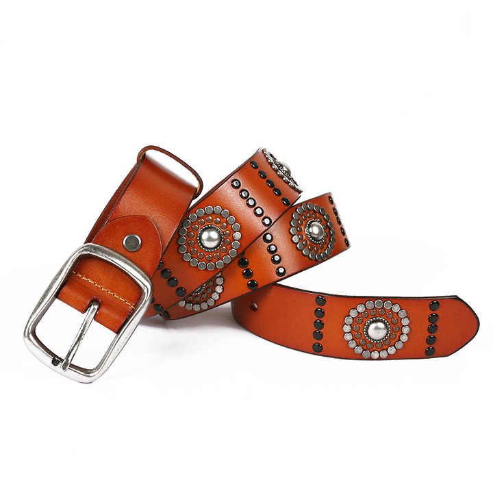 Wholesale Western Punk Retro Rivets Leather Belt With Square Pin Buckle New Trendy Goth Handmade Studded Rivet Unisex Jeans Belt - 图片 2