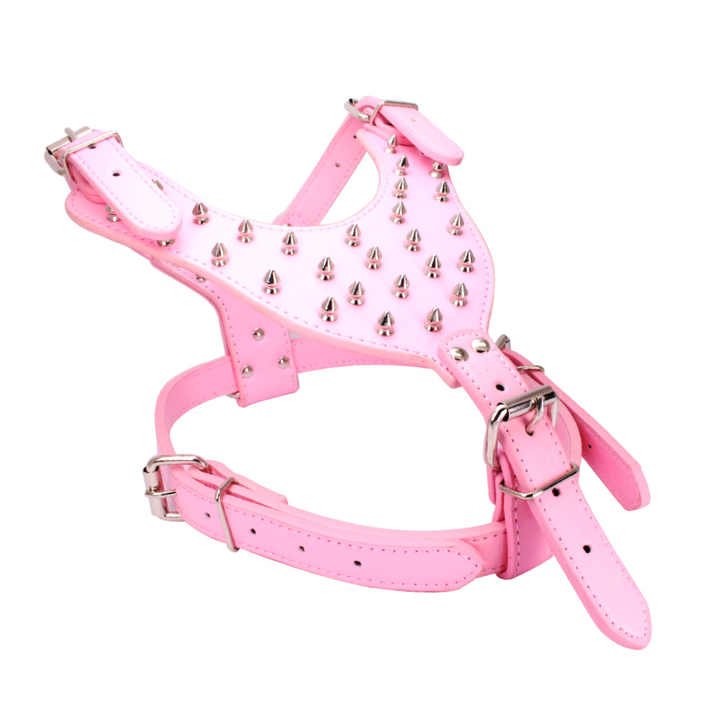 Pink Leopard Funny Rottweiler PU Leather Studded Rivet Dog Collar with Leash Spike Leather Collar and Harness 3 Pcs Set for Dogs - 图片 5