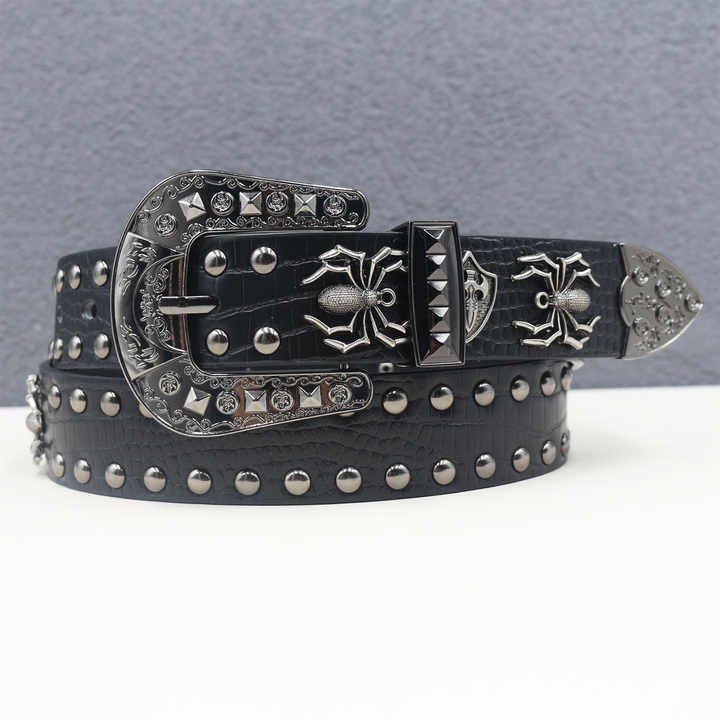 Y2K Studded Goth Belt Western Cowgirl Cowboy Crocodile Pattern Pants Belt Western Studded Spider Leather Belt with 3 Pics Buckle - 图片 2