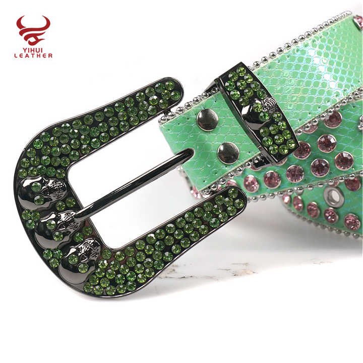 Custom Cross on Genuine Leather Belt Skull Buckle Shiny Pink Diamond Western Women Bling Bling Green Rhinestones Belt Men - 图片 6