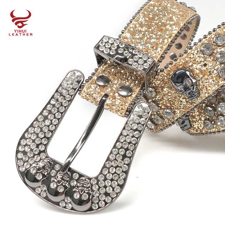 Wholesale Luxury Strap Rhinestones Belt Western Cowboy Crystal Glitter Diamond Studded Golden Big Skull Buckle Belts BB Simon - 图片 2