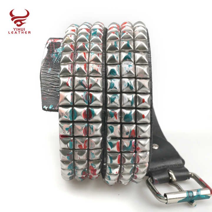 Designer Roll Buckle 3-Row Metal Pyramid Studded Artist Painting Genuine Leather Luxury Black Punk Belt for Men Women - 图片 2