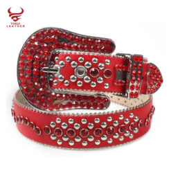 Manufacture Wholesale New Designer PU Leather Belts Shiny Big Buckle BB Simon Studded Red Diamond Crystal Rhinestone Belt