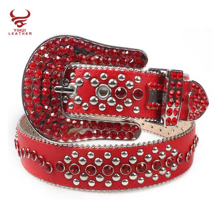 Manufacture Wholesale New Designer PU Leather Belts Shiny Big Buckle BB Simon Studded Red Diamond Crystal Rhinestone Belt