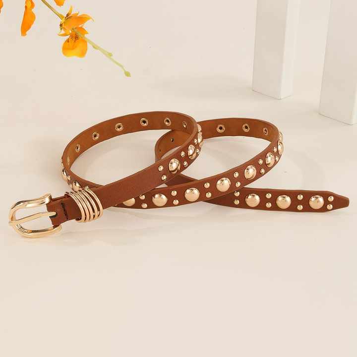 Manufacture Wholesale Vintage Leather Waist Belt for Jeans Dress New Trendy Women Golden Belts Fashion Punk Studded Girls Belt - 图片 2