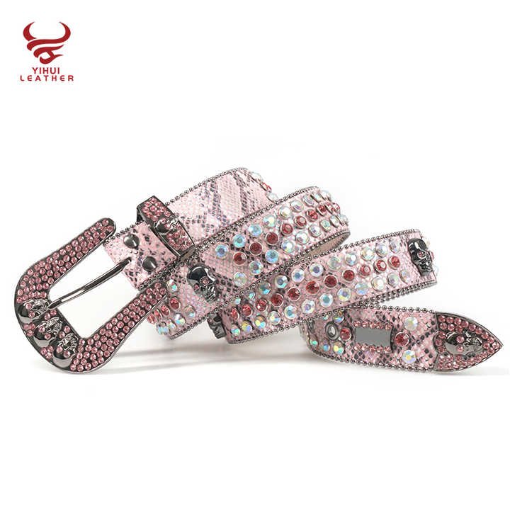 Women Pink Snakeskin Skull Belts Colorful Diamond Studded PU Leather Rhinestone Belt - 图片 2
