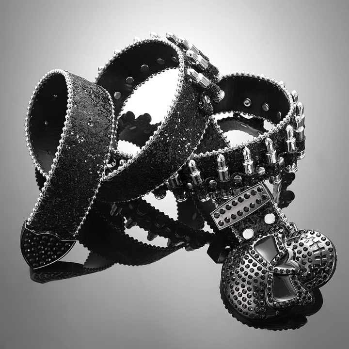 Halloween PU Leather studded Rivet Black Skull Belt Designer Shiny Punk Heavy Duty studded Bullet Rhinestone Belts for Cowboys - 图片 5