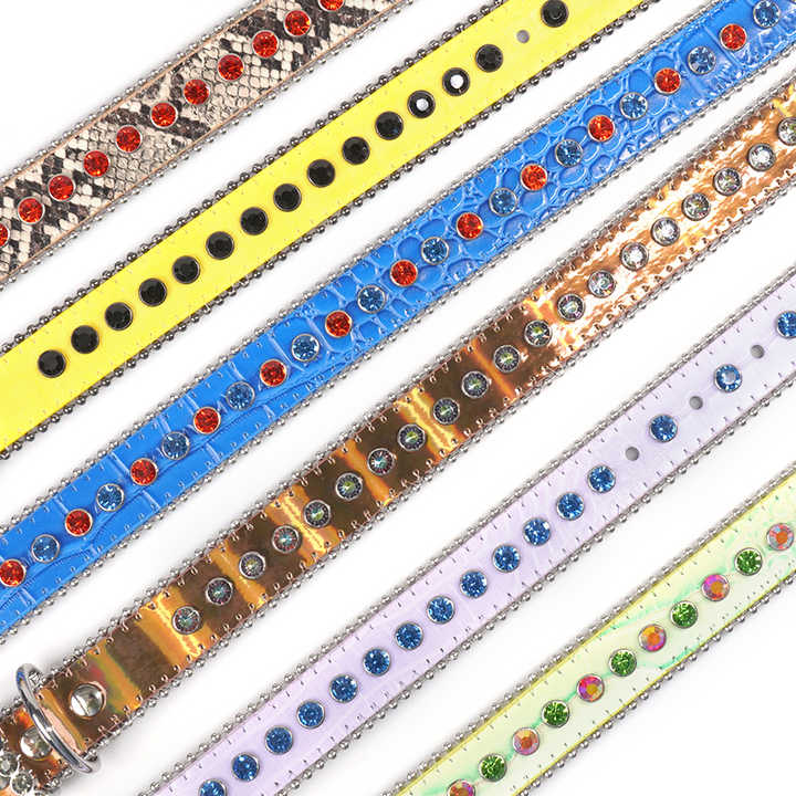 Hot Sale Padded Leather Dog Collar Round Puppy Collar Designer Bling Bling Diamond PU Leather Rhinestone Dog Collar - 图片 5