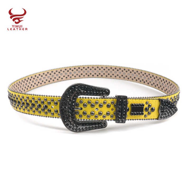 Custom Yellow Color 1.5" Luxury Cowboy Removable Diamond Belts Rockstar Cowboy Yellow Rhinestone Belts - 图片 2