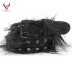 Wholesale Fancy Faux Fur Leather Punk Belt Men Double Pin Buckle Double studded Holes Black Horse Hair PU Leather Belt for Women