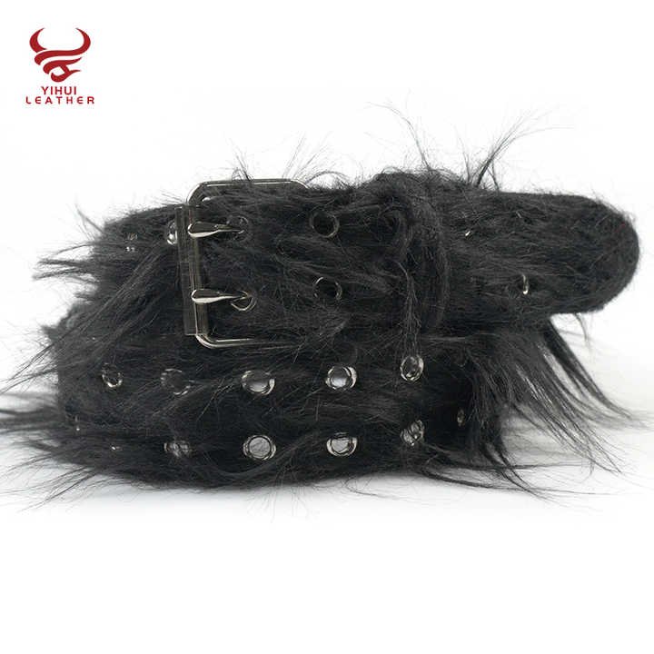 Wholesale Fancy Faux Fur Leather Punk Belt Men Double Pin Buckle Double studded Holes Black Horse Hair PU Leather Belt for Women