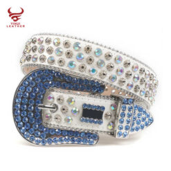 Custom Bedazzled Western Synthetic Diamond PU Leather Golden Rhinestone Designer Belt Bb Simon