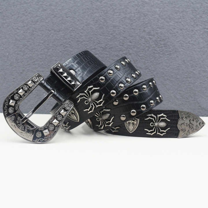 Y2K Studded Goth Belt Western Cowgirl Cowboy Crocodile Pattern Pants Belt Western Studded Spider Leather Belt with 3 Pics Buckle - 图片 4