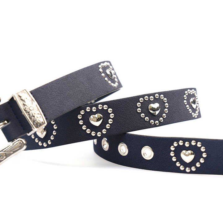 Fashion Graved Buckle PU Leather Studded Belt Women Vintage Western Cowboy Metal Heart Rivets Waist Belt for Ladies Girls - 图片 5