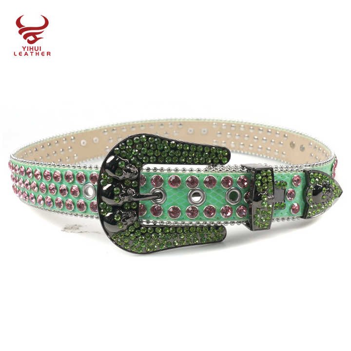 Custom Cross on Genuine Leather Belt Skull Buckle Shiny Pink Diamond Western Women Bling Bling Green Rhinestones Belt Men - 图片 4