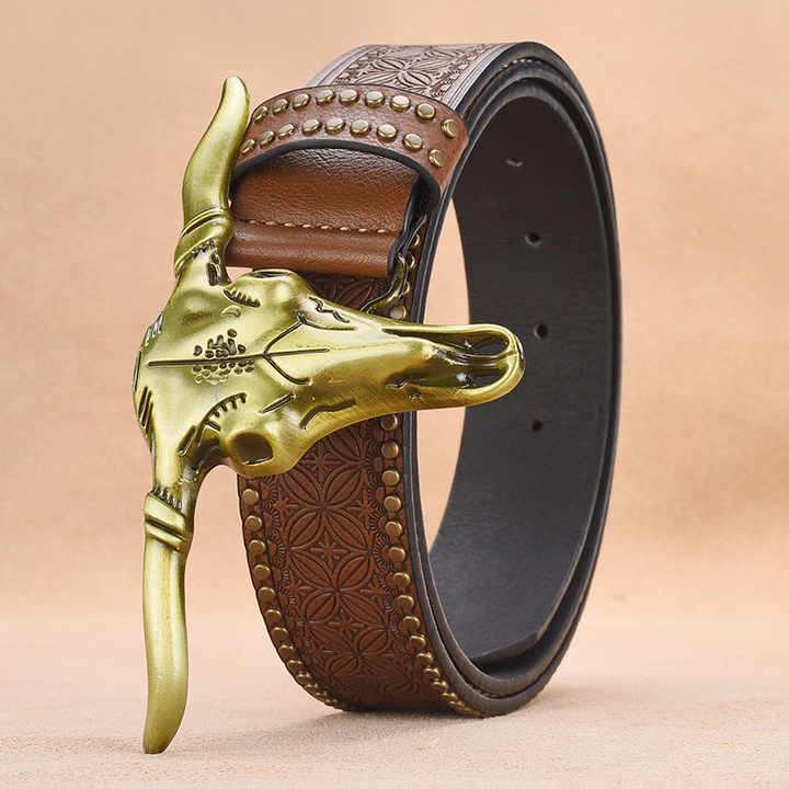 Genuine Leather Floral Engraved Embossed Real Leather Belt Designer Western Cowboy Studded Belt With Longhorn Bull Buckle - 图片 6
