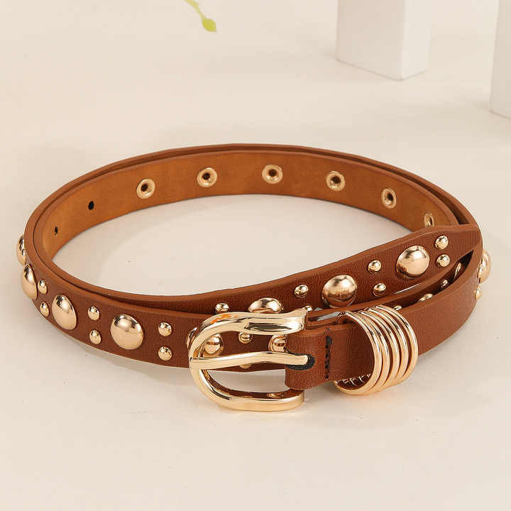 Manufacture Wholesale Vintage Leather Waist Belt for Jeans Dress New Trendy Women Golden Belts Fashion Punk Studded Girls Belt - 图片 3