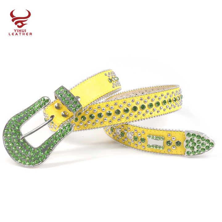 Factory New Original Style Western Cowboy Yellow Crocodile PU Green Shinning Rhinestone BB Simon Belt - 图片 2