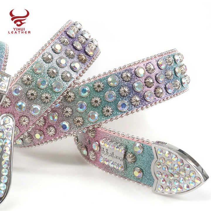 Famous Brands Removable Buckle Bling Crystal Belt Man Western Boy Stud Conchos Screw rainbow Rhinestone Belts - 图片 3