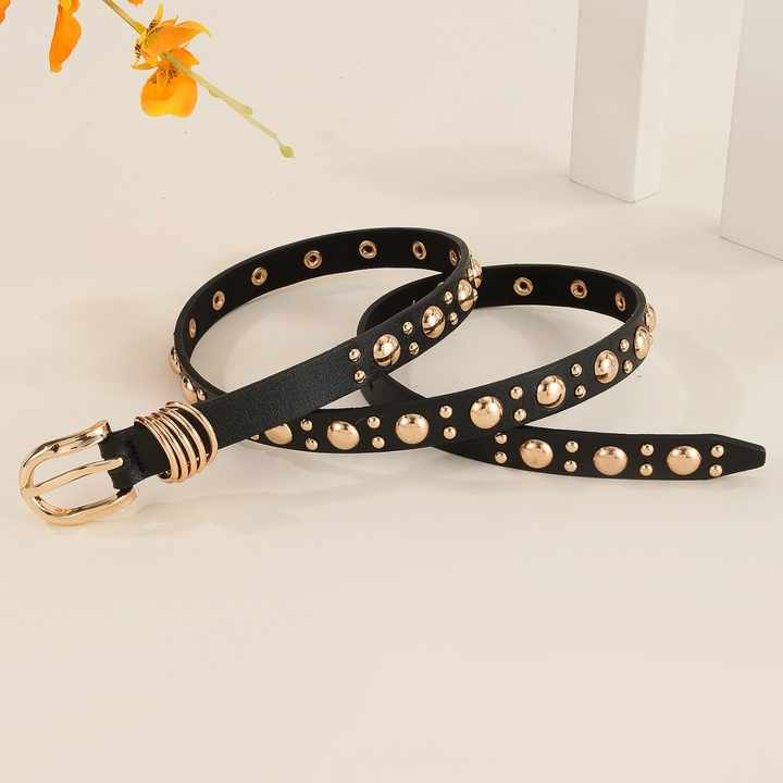 Manufacture Wholesale Vintage Leather Waist Belt for Jeans Dress New Trendy Women Golden Belts Fashion Punk Studded Girls Belt - 图片 4