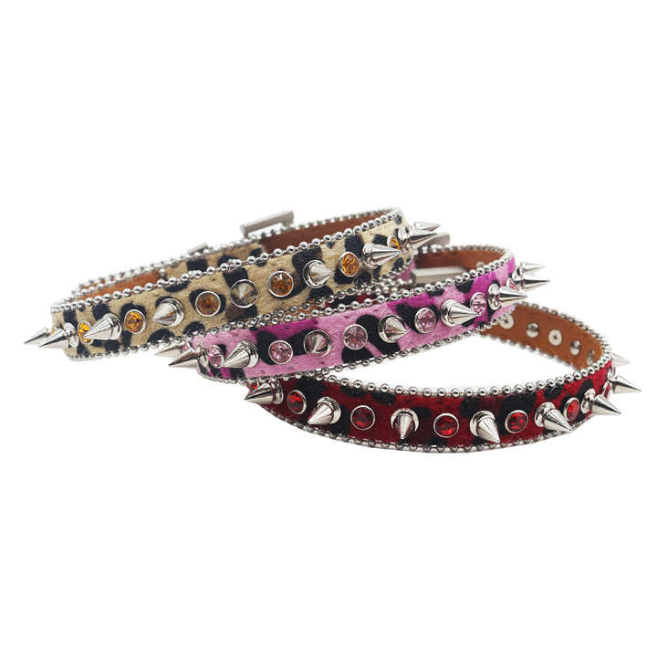 Designer Adjustable Sparkly Crystal Rivet Pet Belt Sparkly Crystal Leather Piked Puppy Collar Studded Rhinestone Dog Collar - 图片 3