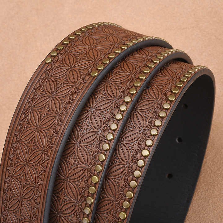 Genuine Leather Floral Engraved Embossed Real Leather Belt Designer Western Cowboy Studded Belt With Longhorn Bull Buckle - 图片 4