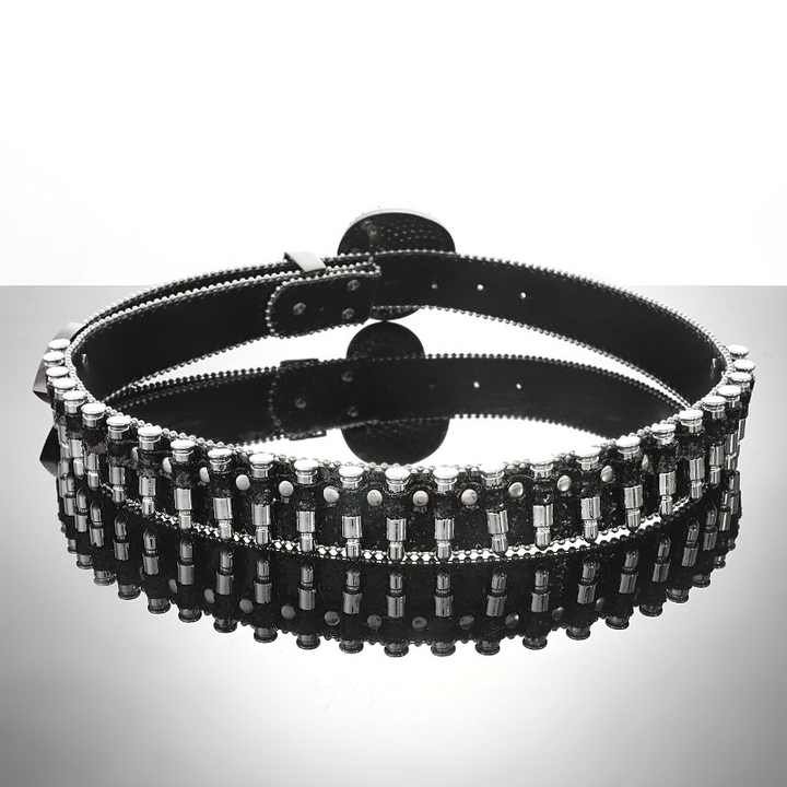 Halloween PU Leather studded Rivet Black Skull Belt Designer Shiny Punk Heavy Duty studded Bullet Rhinestone Belts for Cowboys - 图片 3