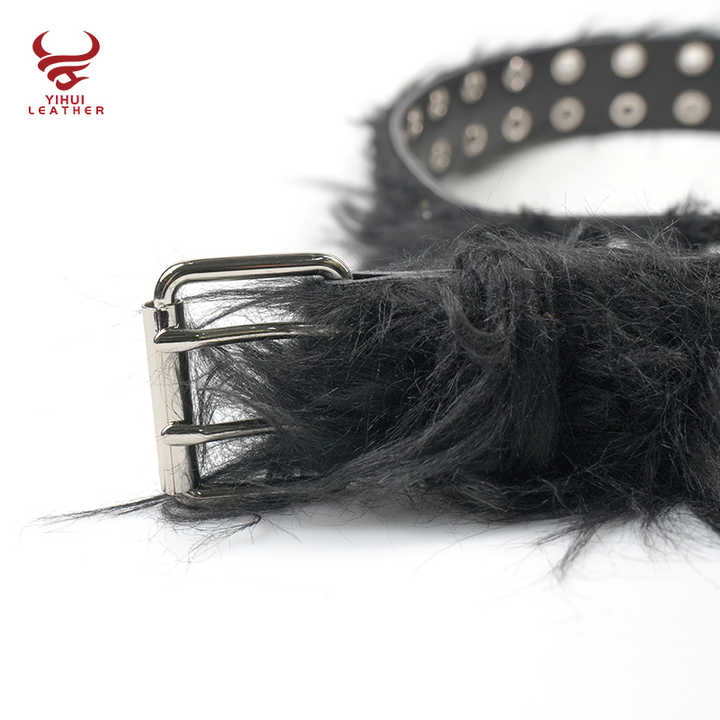 Wholesale Fancy Faux Fur Leather Punk Belt Men Double Pin Buckle Double studded Holes Black Horse Hair PU Leather Belt for Women - 图片 3