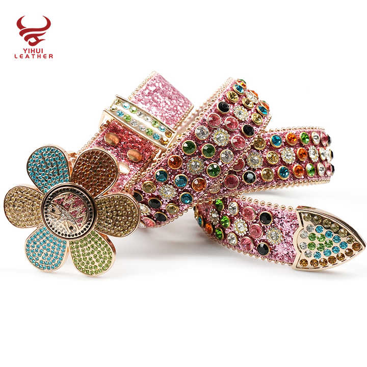 Custom logo PU Leather Rivet BB Belt Strap Designer Shiny No Buckle Diamond Studded Flower Rhinestone Belts for Men Women - 图片 2