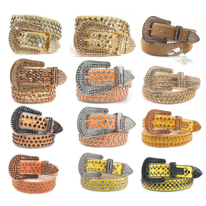 Wholesale Luxury Strap Rhinestones Belt Western Cowboy Crystal Glitter Diamond Studded Golden Big Skull Buckle Belts BB Simon - 图片 5
