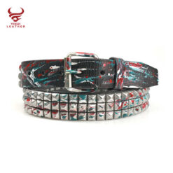Designer Roll Buckle 3-Row Metal Pyramid Studded Artist Painting Genuine Leather Luxury Black Punk Belt for Men Women
