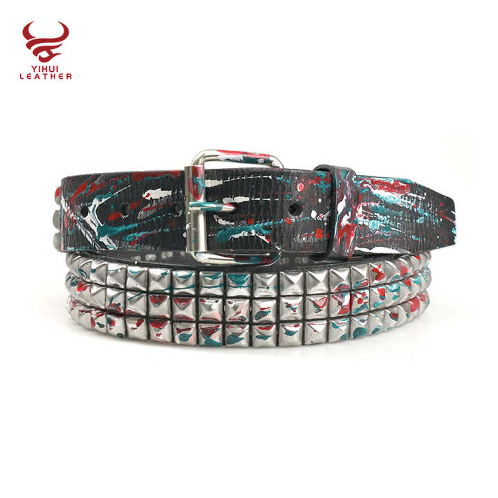 Designer Roll Buckle 3-Row Metal Pyramid Studded Artist Painting Genuine Leather Luxury Black Punk Belt for Men Women