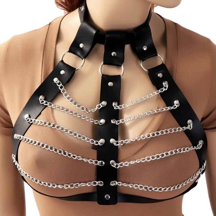 Wholesale Black Leather Tassel Chain Harness Bondage Belts Open Bra Gothic Punk Cosplay Belt Women Leather Body Harness Belts