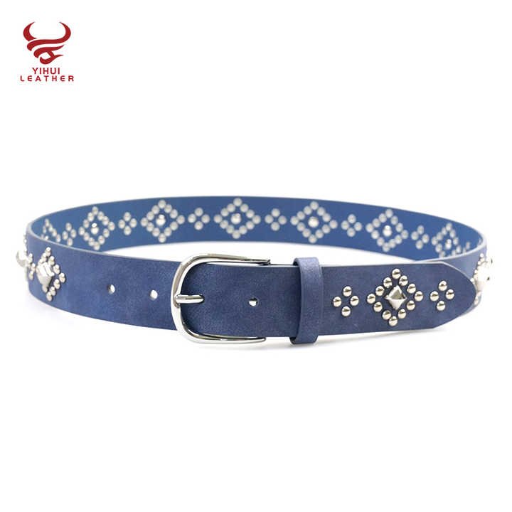 Wholesale Pin Buckle Studded Mushroom Rivets Belts Women Hollow Flower Jeans New Faux Leather Studded Blue Belt for Girls Dress