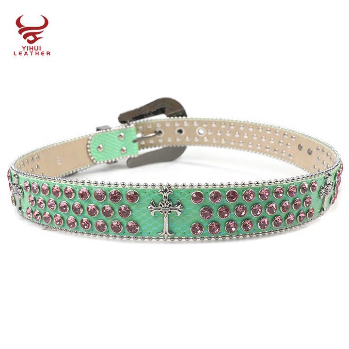 Custom Cross on Genuine Leather Belt Skull Buckle Shiny Pink Diamond Western Women Bling Bling Green Rhinestones Belt Men - 图片 5